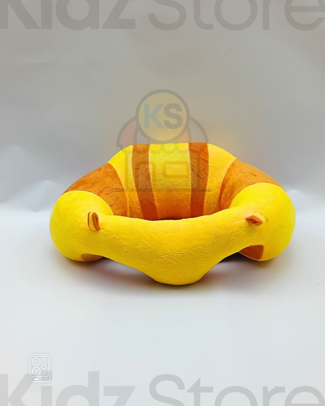 Yellow and orange striped plush toy on a white background with 'Kidz Store' branding.