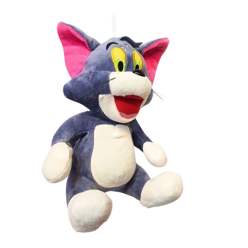 Plush toy of a cartoon cat with pink ears on a white background