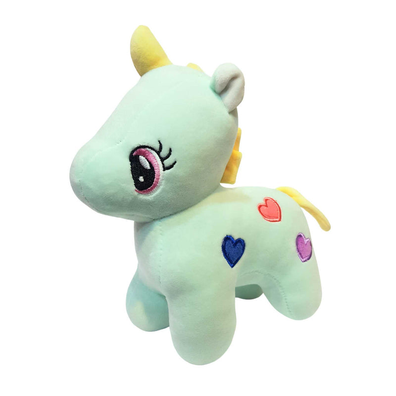 Plush toy unicorn with colorful heart accents on a white background