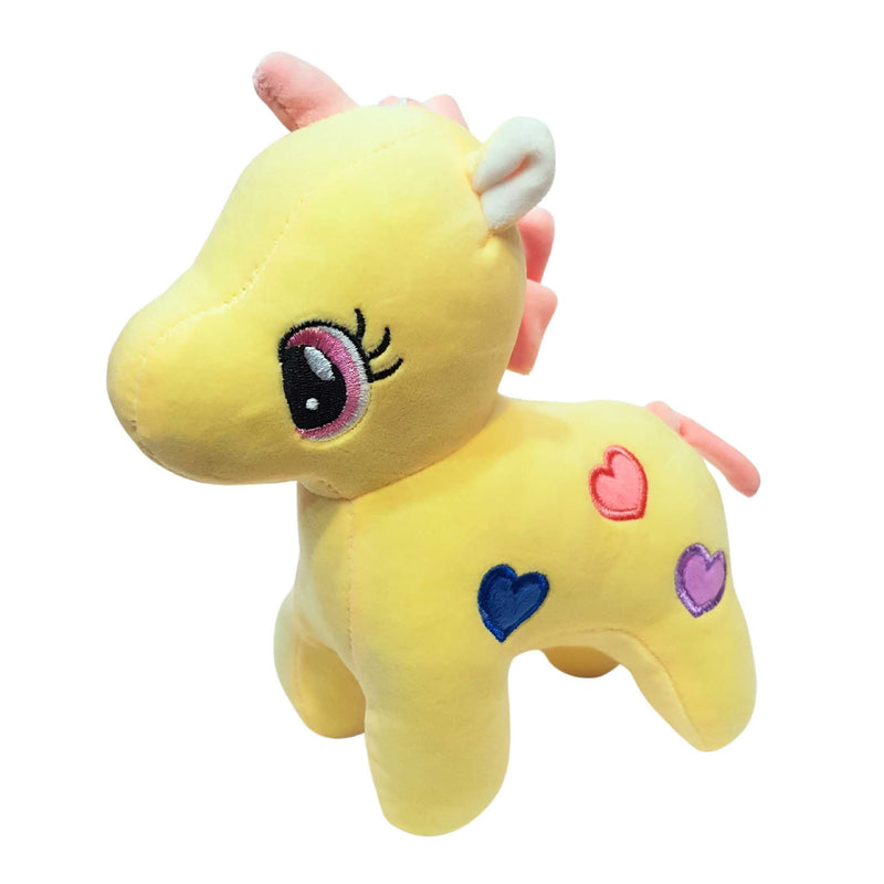 Yellow plush toy with pink accents on a white background