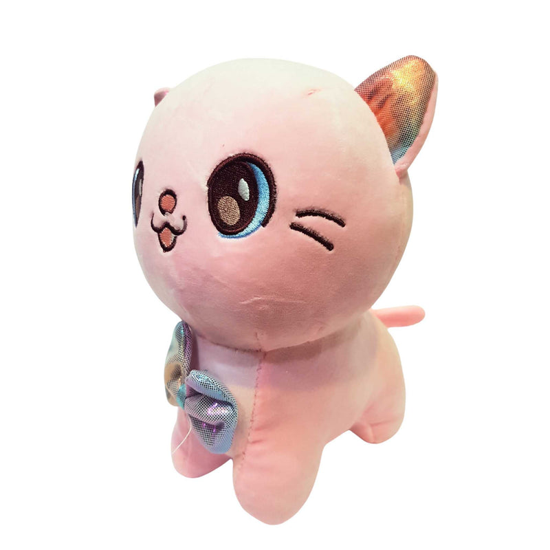 Plush toy of a cute cat character with large eyes on a white background