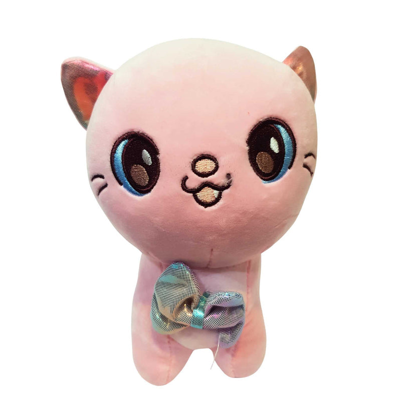 Plush toy cat with a bow tie on a white background