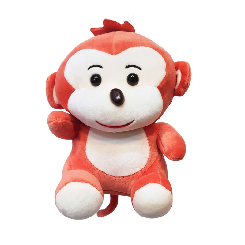 Plush monkey toy with a red face and white body on a white background