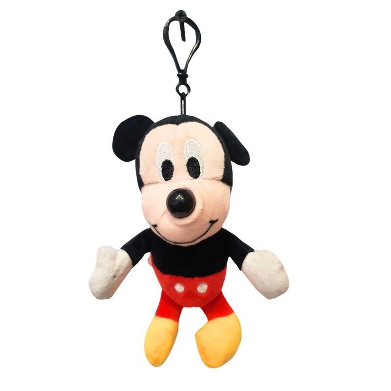 Plush keychain of a cartoon character in black, red, and yellow on a white background