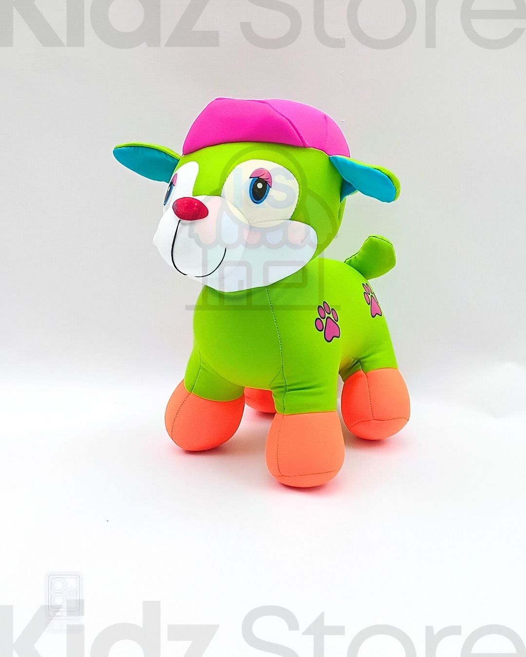 Colorful plush toy with a pink hat on a white background
