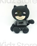 Plush toy in a black and gray superhero costume on a white background with 'Kidz Store' branding.