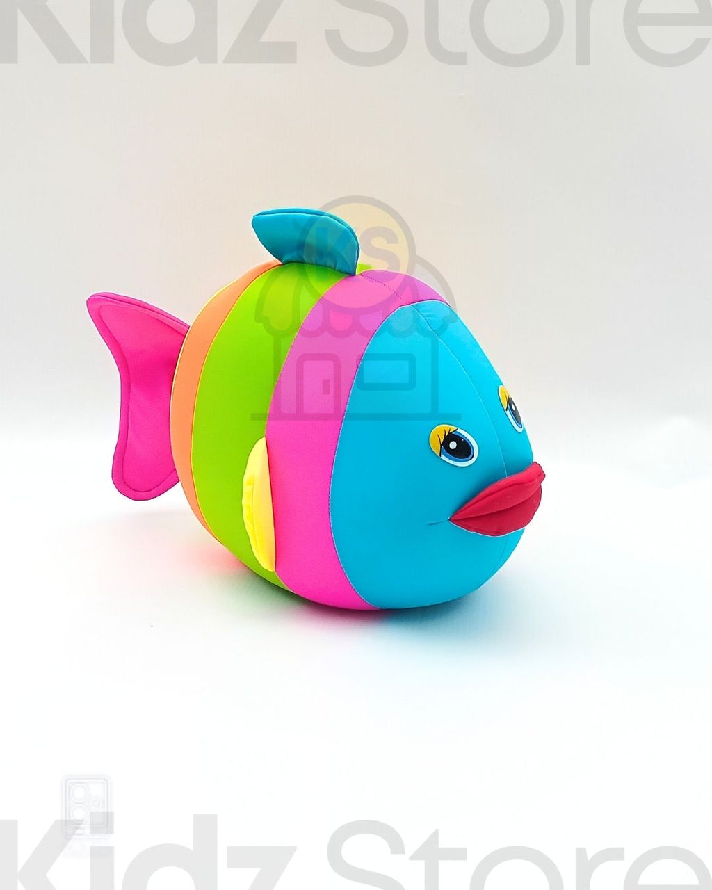 Colorful fish-shaped toy on a white background with 'Kidz Store' branding.