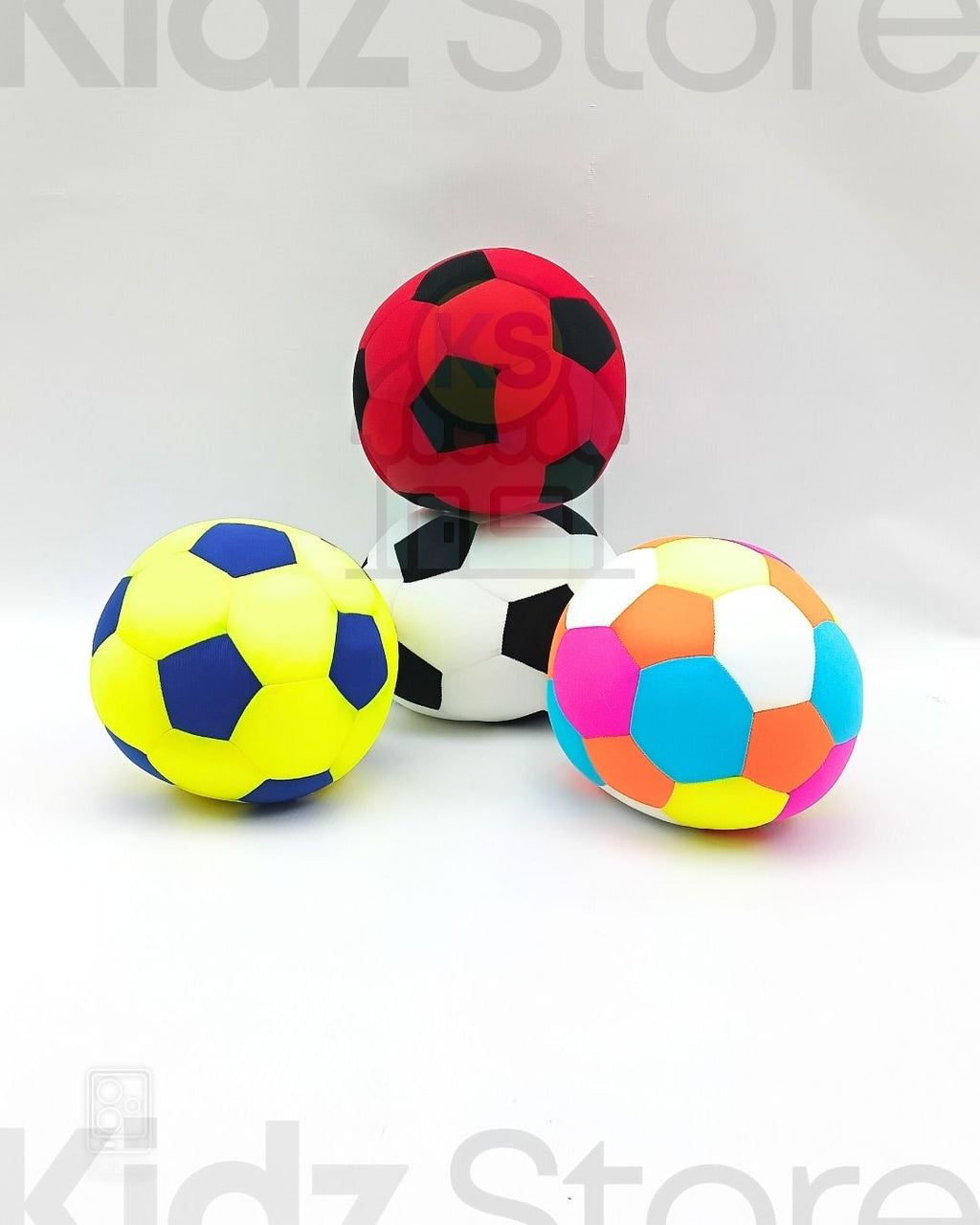 Colorful soccer balls on a white background with 'Kidz Store' branding.