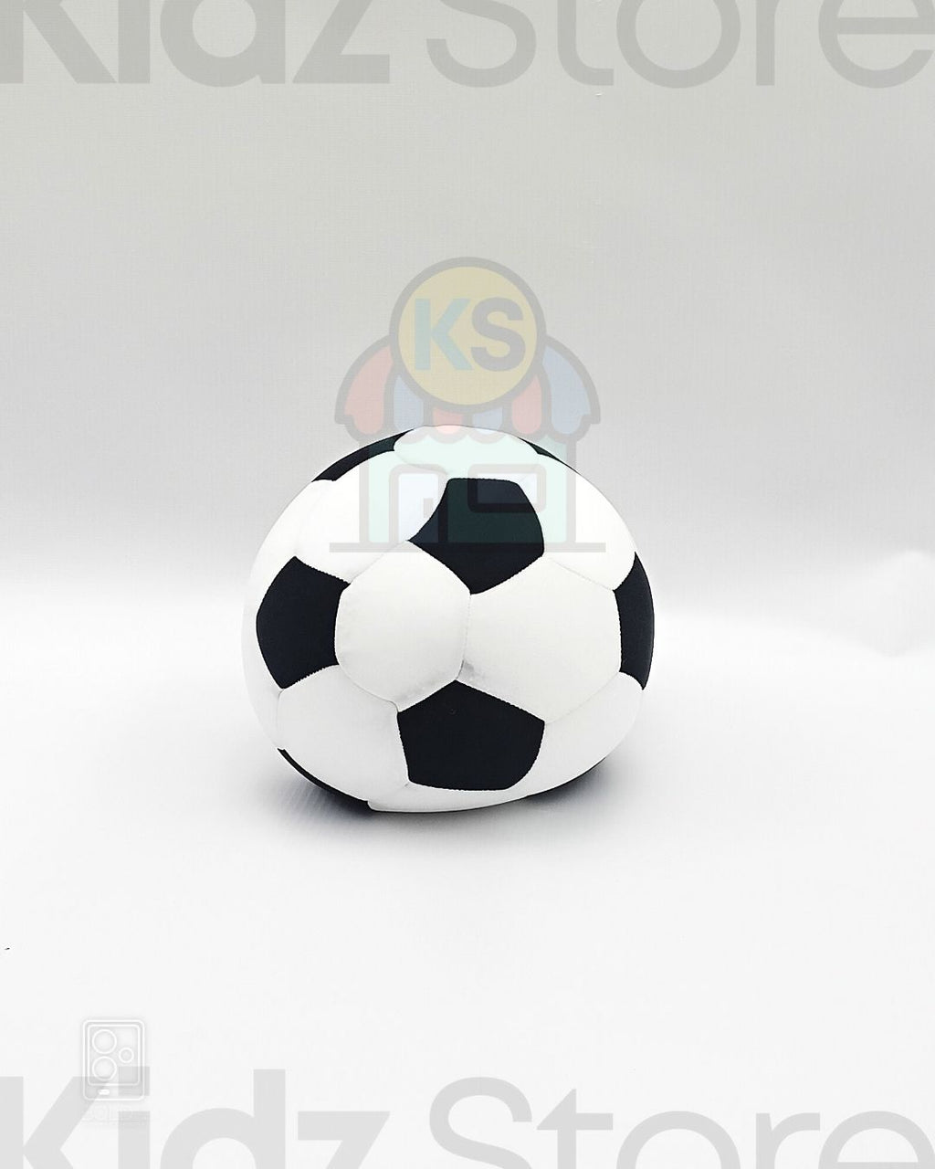 Black and white soccer ball on a light gray background with 'Kidz Store' branding.