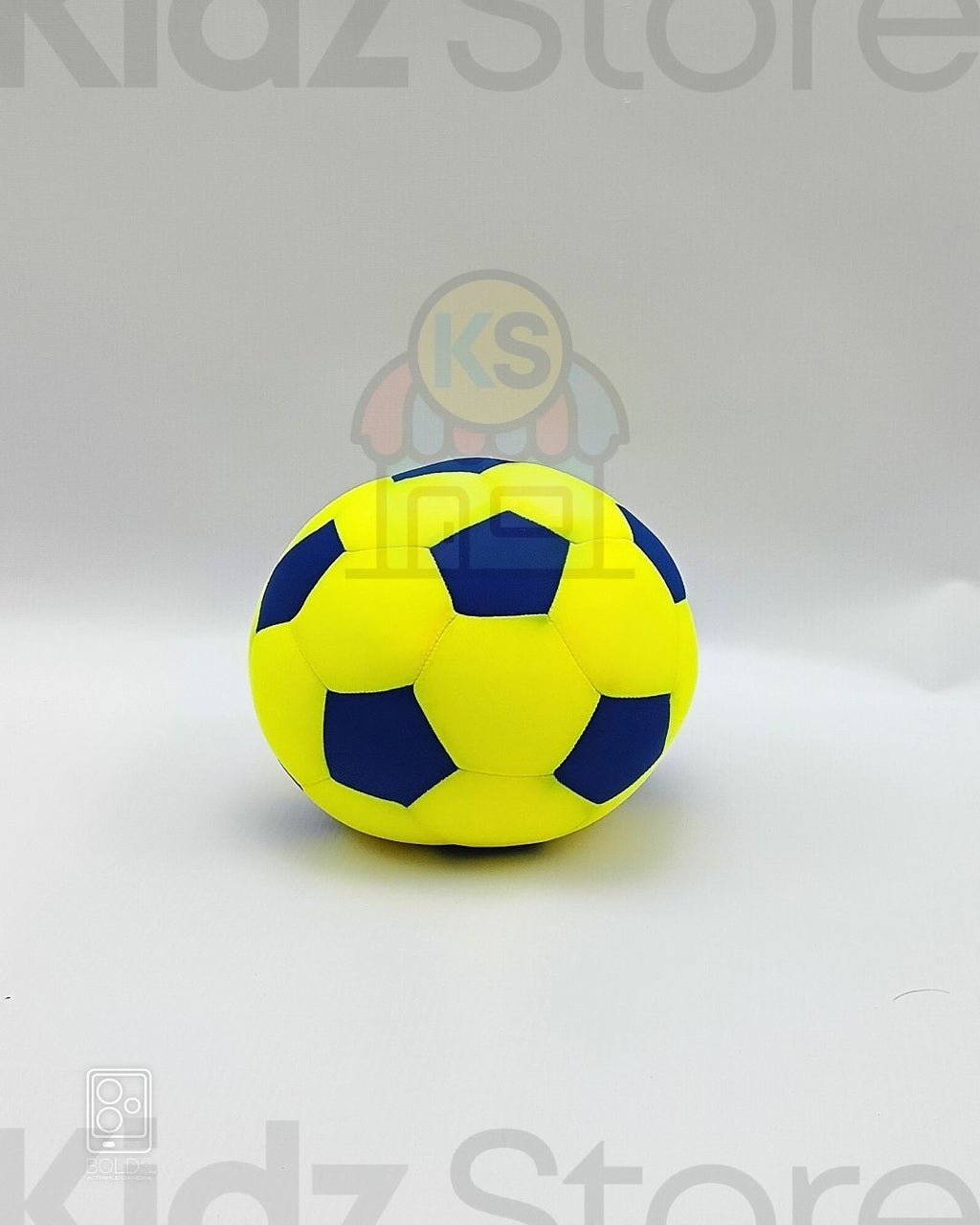 Yellow and blue soccer ball on a white background with 'Kidz Store' branding.