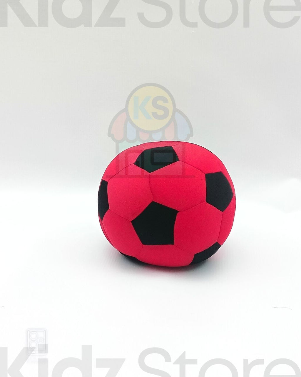 Red and black soccer ball on a white background with 'Kidz Store' branding.